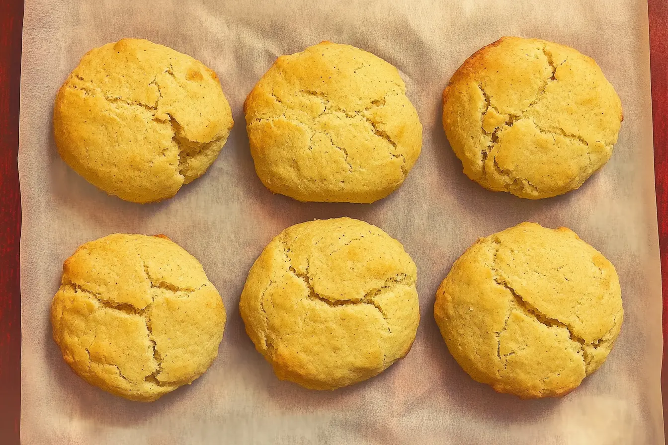 Top view of six golden almond flour biscuits on parchment paper, freshly baked with a cracked, rustic surface and fluffy interior.
