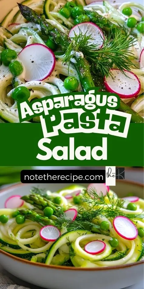Pinterest pin featuring a creamy asparagus pasta salad with zucchini noodles, asparagus, radishes, and peas, garnished with fresh dill and lemon yogurt dressing.