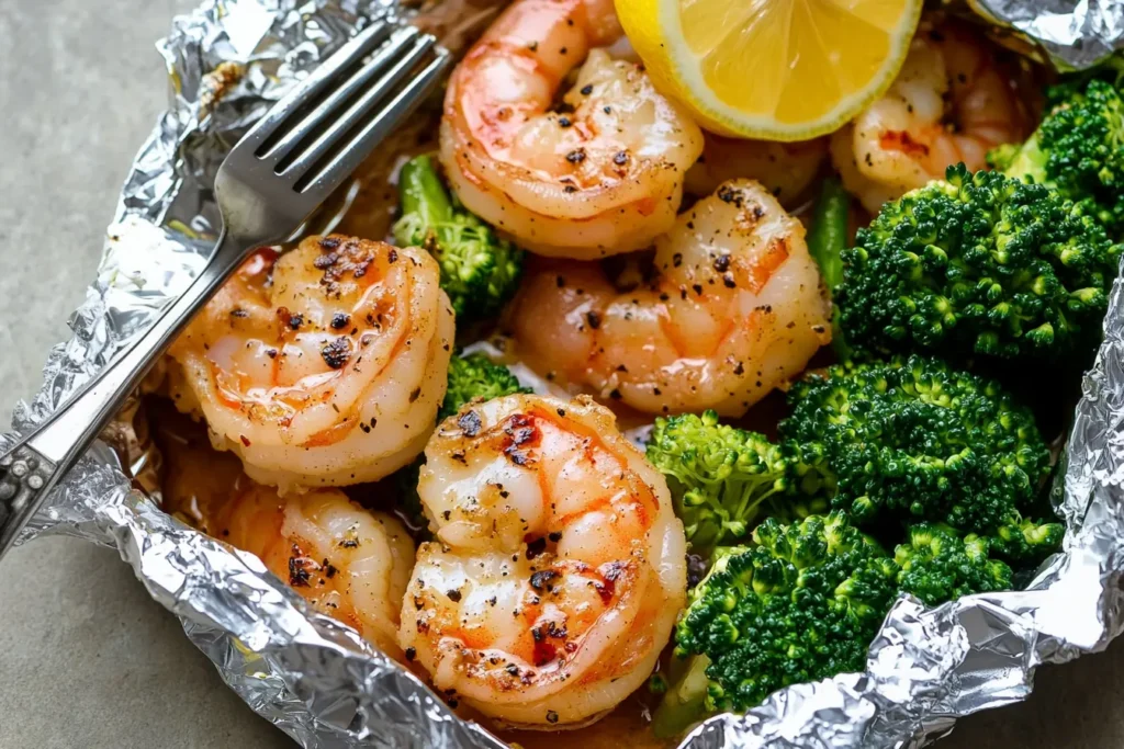 Close-up of baked shrimp and broccoli foil packs, featuring golden-browned shrimp with garlic butter seasoning, vibrant green broccoli, and a fresh lemon wedge.