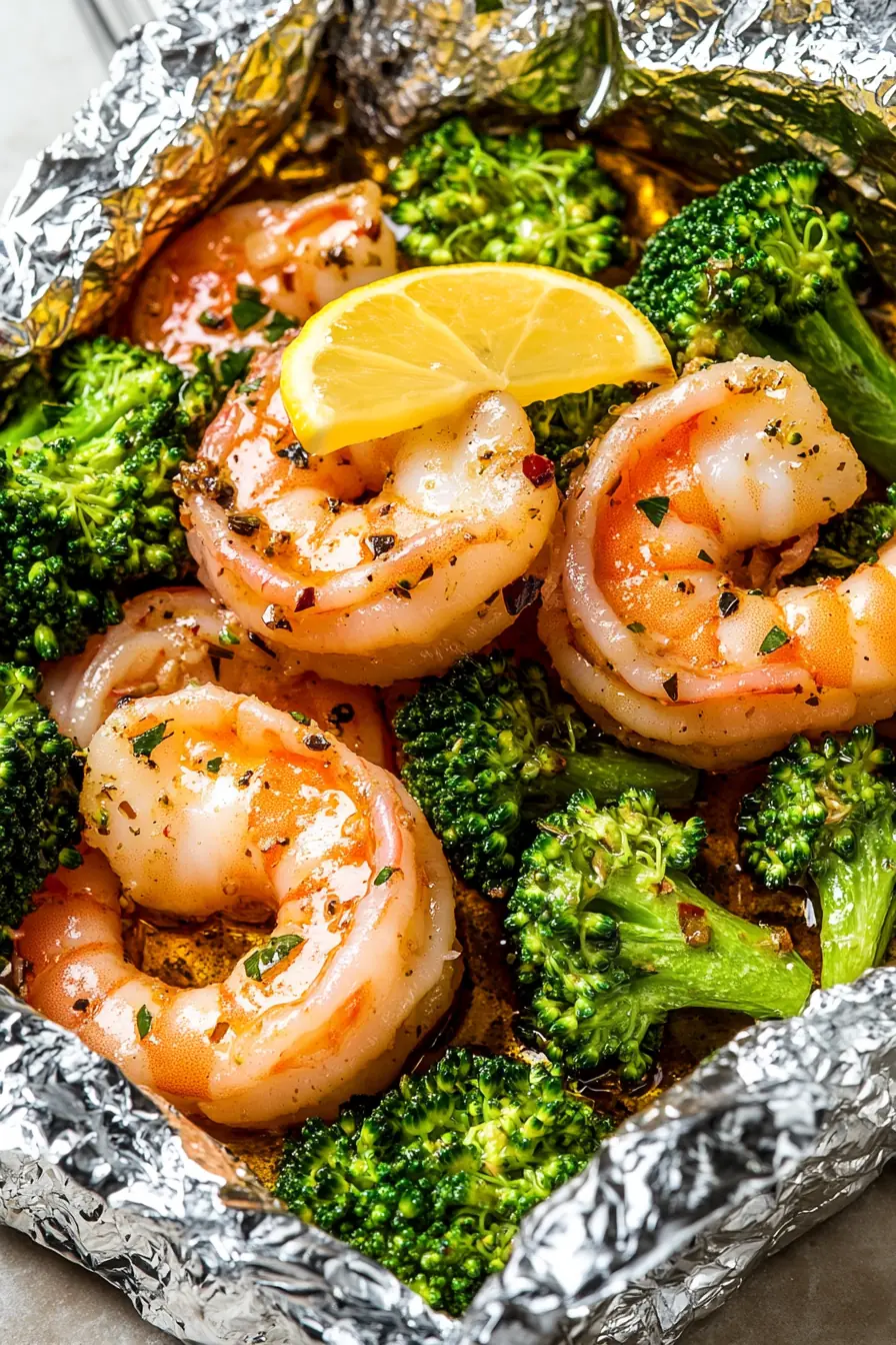 Close-up of baked shrimp and broccoli foil pack, featuring garlic butter shrimp, roasted broccoli, and a fresh lemon wedge, glistening with seasoning and herbs.