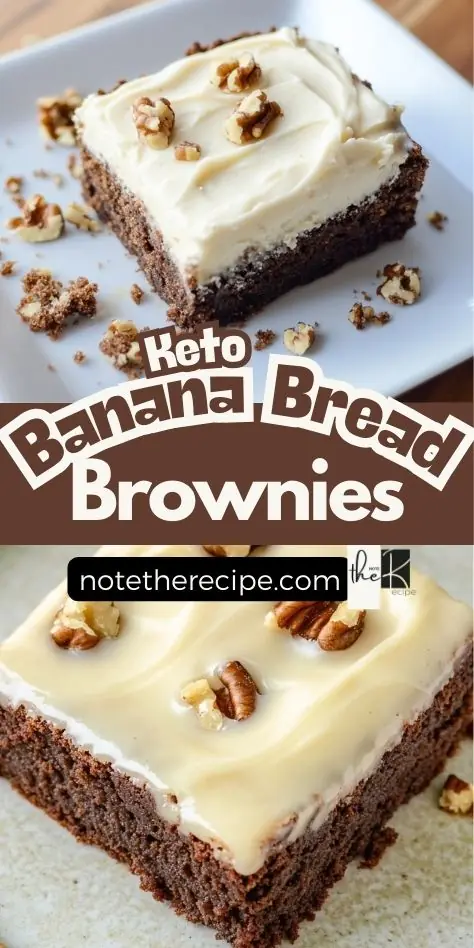 Pinterest graphic showing keto banana bread brownies with frosting and walnuts on white and ceramic plates