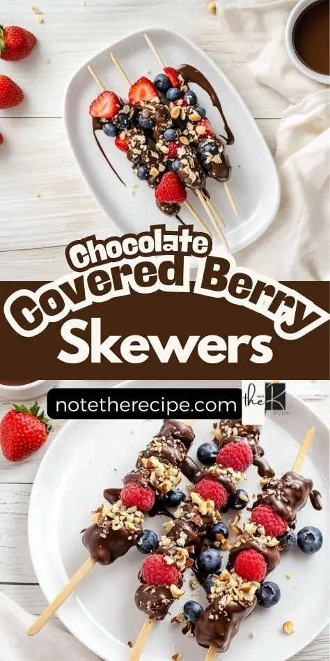 Pinterest pin showing keto chocolate covered berry skewers with strawberries, blueberries, and raspberries dipped in sugar-free chocolate.