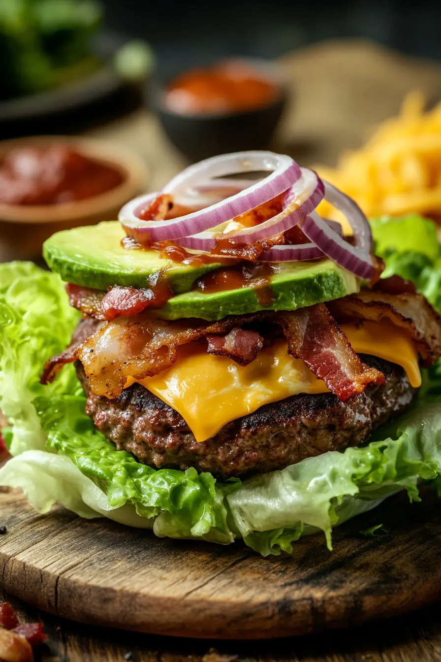 Lettuce-wrapped beef patty topped with melted cheddar, crispy bacon, avocado slices, red onion rings, and sugar-free BBQ sauce