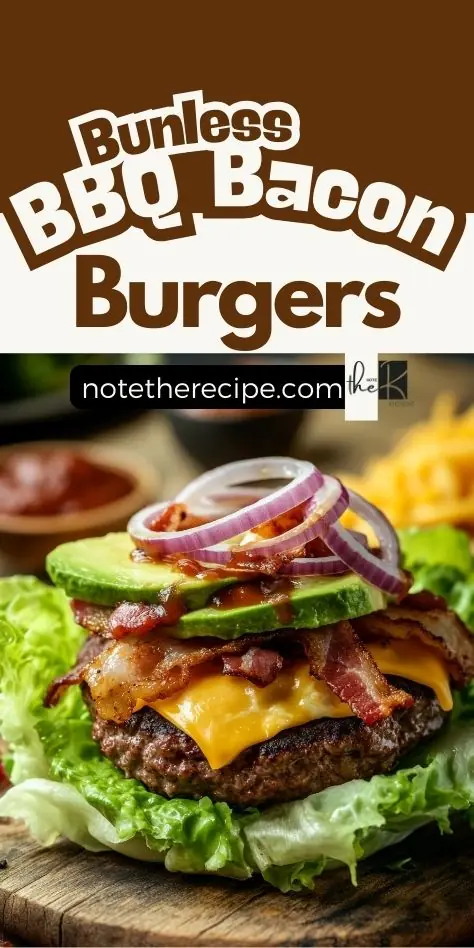 Lettuce-wrapped BBQ bacon burger with cheddar, avocado, and red onion, featured in a Pinterest graphic for bunless BBQ bacon burgers