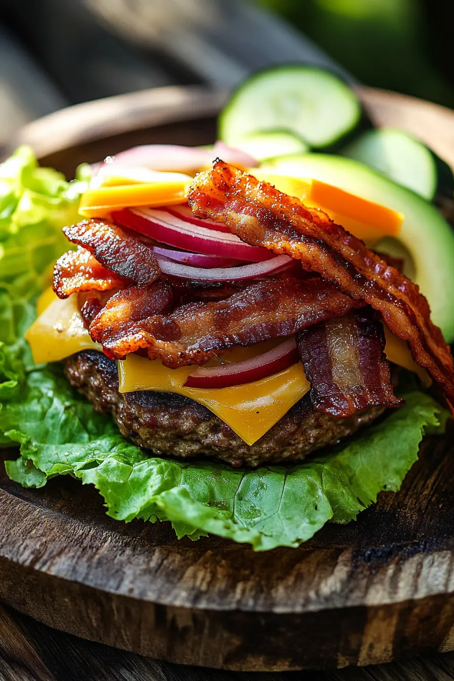 Lettuce-wrapped grilled beef patty topped with cheddar cheese, crispy bacon, red onion, and avocado slices, served on a rustic wooden plate