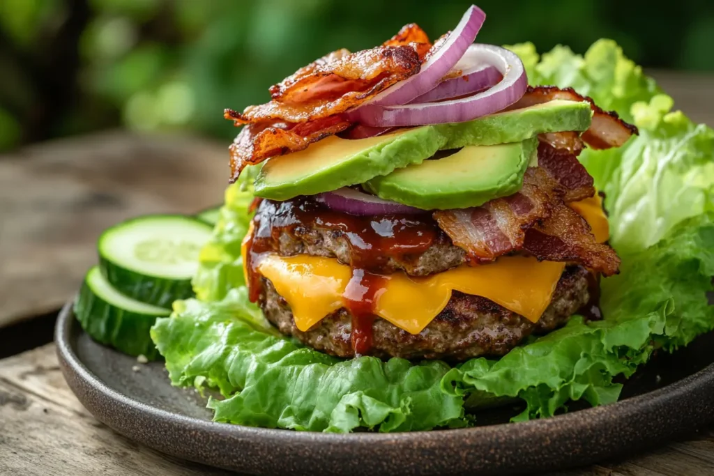 Lettuce-wrapped BBQ bacon cheeseburger with avocado and red onion, served on a rustic plate with cucumber slices