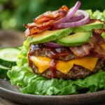 Lettuce-wrapped BBQ bacon cheeseburger with avocado and red onion, served on a rustic plate with cucumber slices