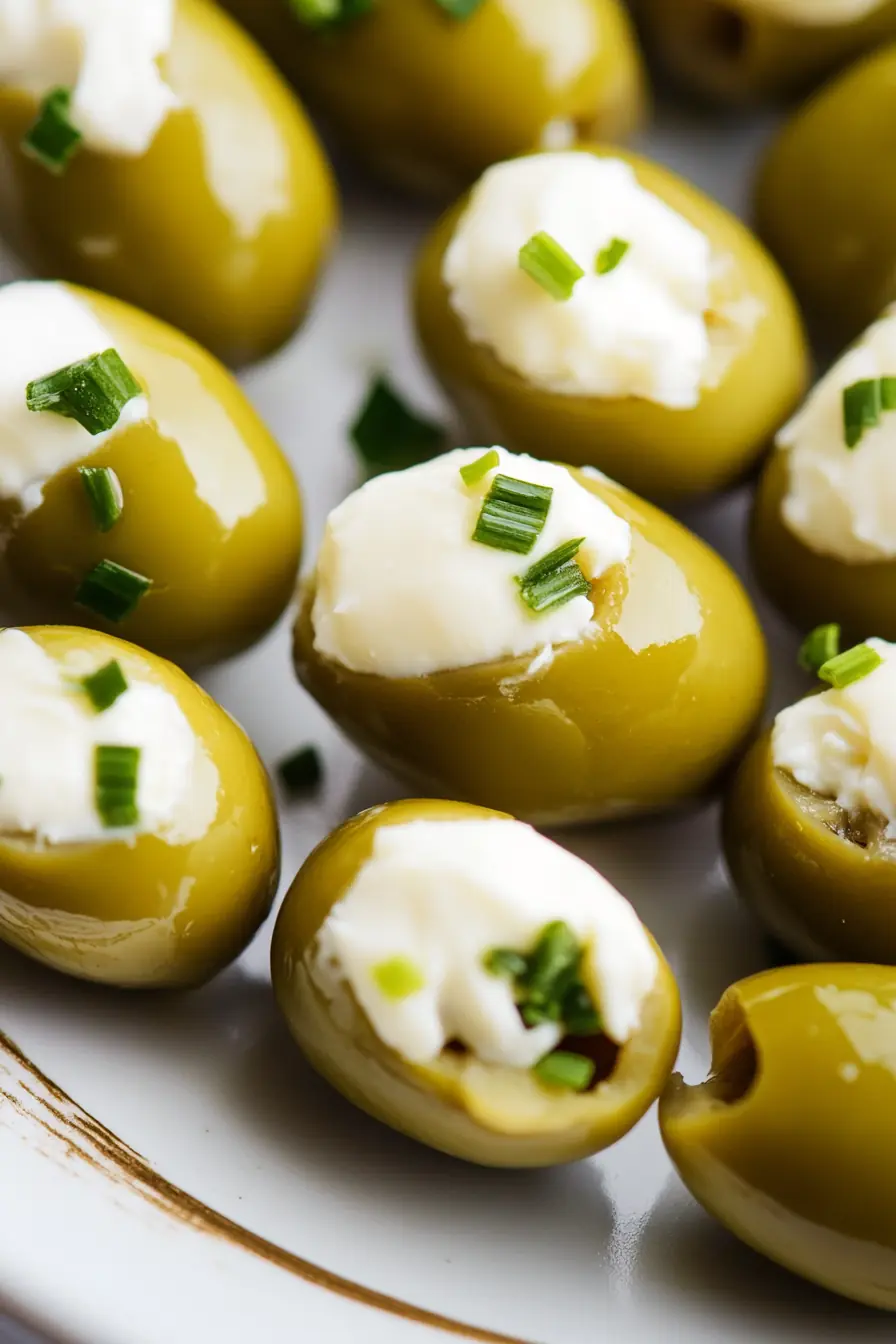 Close-up of keto cheese-stuffed olives topped with chopped chives