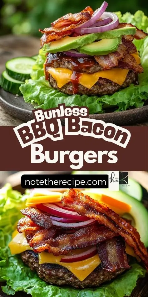 Two lettuce-wrapped BBQ bacon cheeseburgers stacked with cheddar, bacon, red onion, and avocado, with bold text overlay promoting bunless BBQ bacon burgers