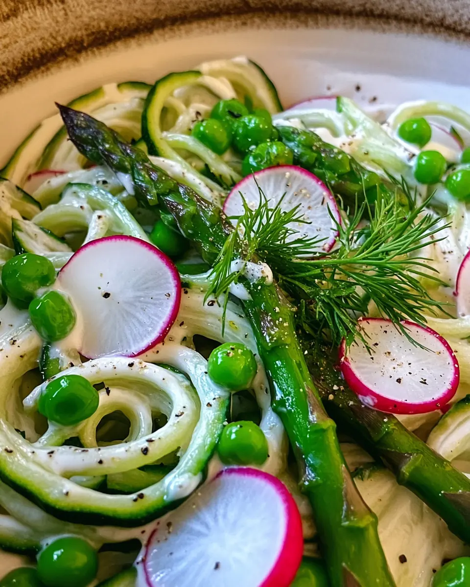 Close-up of a creamy asparagus pasta salad with zucchini noodles, asparagus spears, radish slices, and peas, coated in a rich lemon yogurt dressing and garnished with fresh dill.