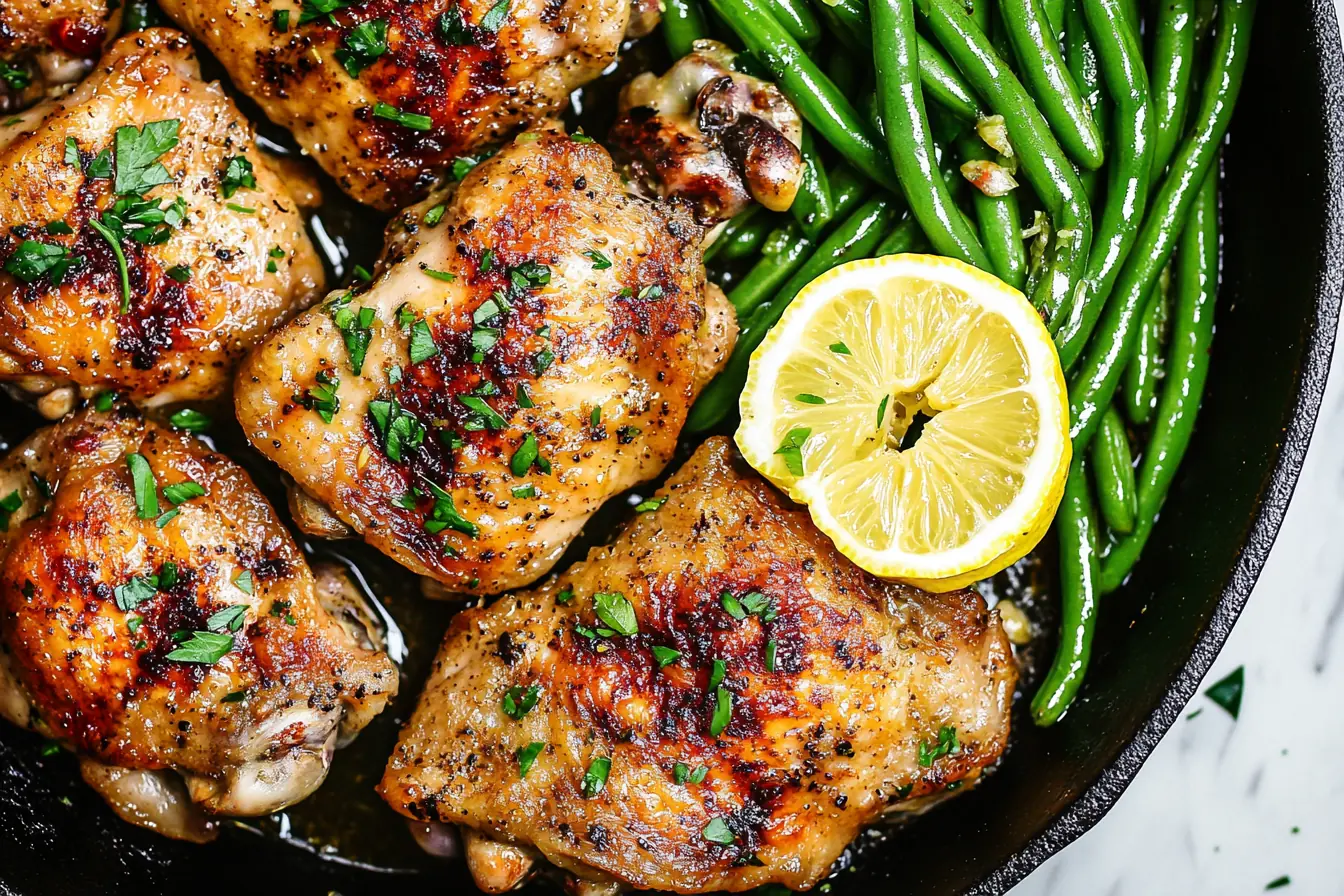 Crispy Lemon Garlic Butter Chicken Thighs – Keto & Low-Carb Crispy pan-seared keto lemon garlic butter chicken thighs with sautéed green beans, garnished with fresh parsley and a lemon slice in a cast-iron skillet.