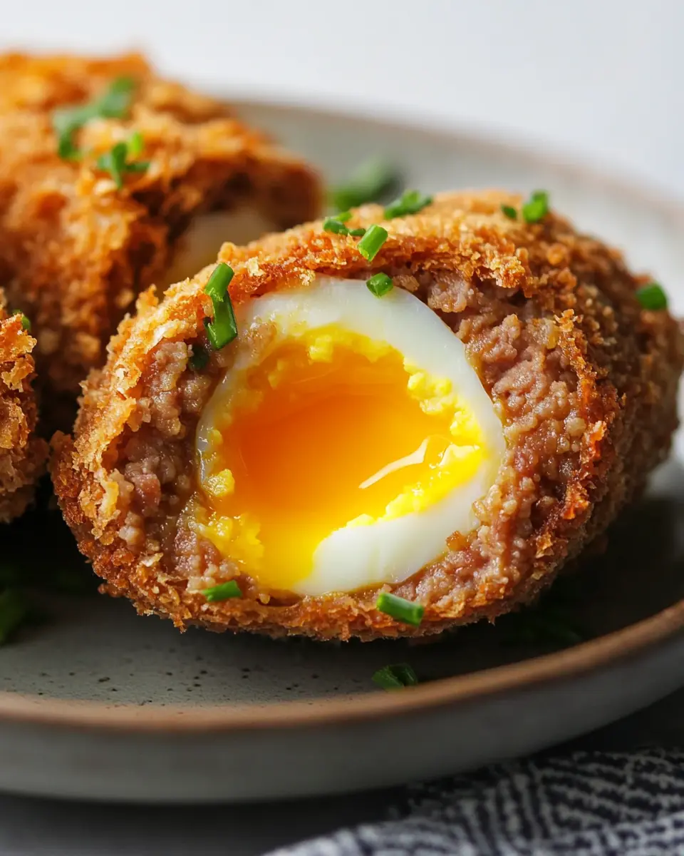 Golden-brown keto Scotch egg with a crispy pork rind coating, sliced open to reveal a soft, runny yolk, garnished with fresh chives on a rustic ceramic plate.