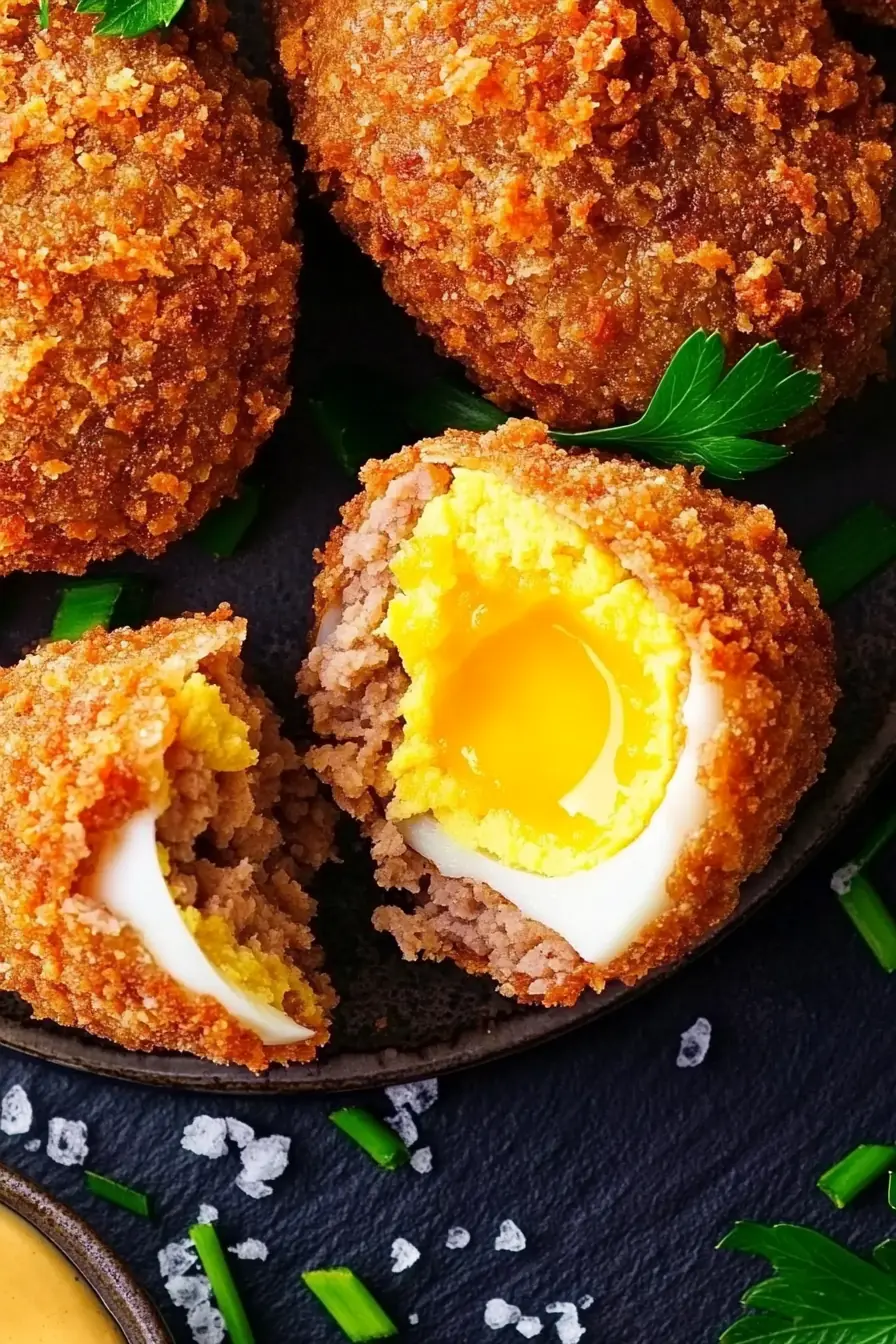 Crispy keto Scotch eggs with a golden pork rind coating, sliced open to reveal a soft, runny yolk, served on a dark slate plate with fresh parsley and sea salt.