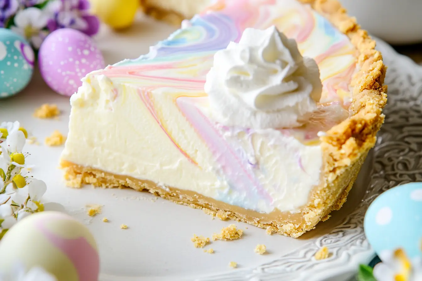 A close-up of a slice of Easter Swirled Cheesecake Pie with a pastel marbled top, creamy no-bake filling, and a golden almond flour crust, topped with whipped cream.