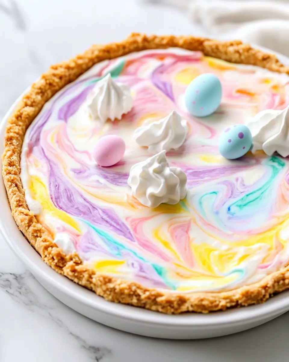 A beautifully swirled cheesecake pie with pastel marbled colors, topped with whipped cream and decorative Easter eggs, set on a white ceramic plate.