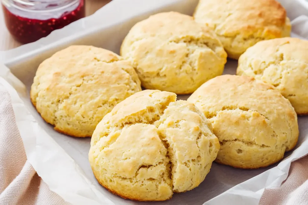 Freshly baked almond flour biscuits with golden tops on a parchment-lined tray, perfect for low-carb or keto brunch.