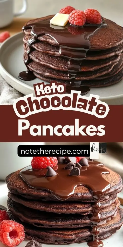 Pinterest graphic featuring keto chocolate pancakes stacked with ganache, raspberries, and chocolate chips — labeled Easy Keto Chocolate Pancakes.