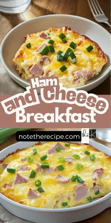 Keto ham and cheese breakfast bake shown sliced and whole, topped with green onions