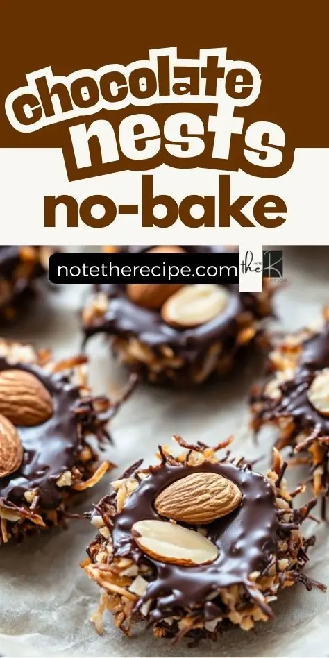 A single-image Pinterest pin featuring keto-friendly no-bake chocolate nests, made with toasted coconut, almonds, and sugar-free dark chocolate, arranged on parchment paper. A crunchy, low-carb Easter treat with a glossy chocolate coating.