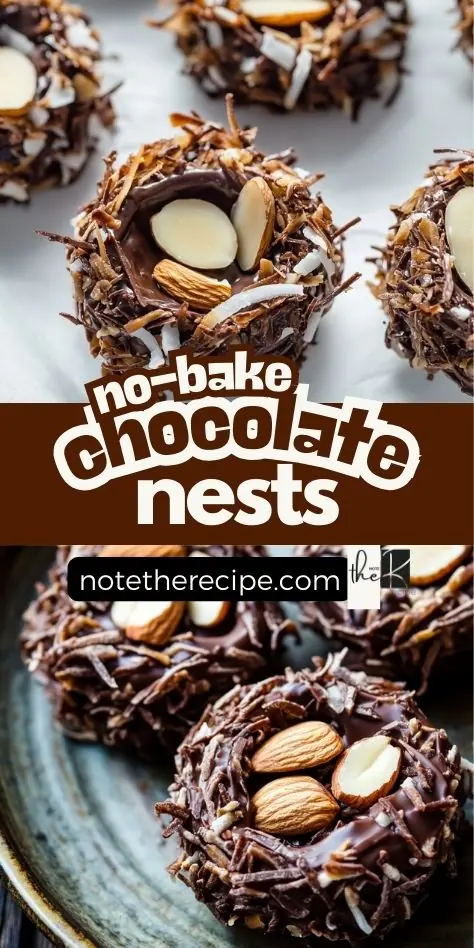 A vertical Pinterest graphic featuring keto no-bake chocolate nests, made with toasted coconut, almonds, and sugar-free dark chocolate, displayed on a parchment-lined tray and a rustic ceramic plate. A crunchy, low-carb Easter dessert with a glossy chocolate coating.