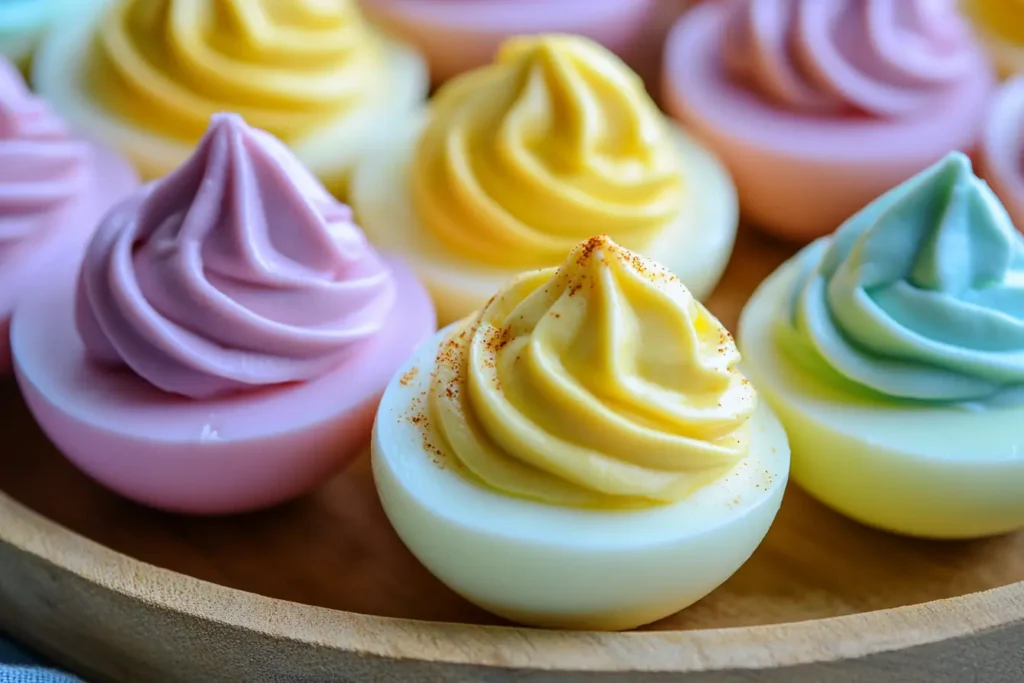 Colorful Easter deviled eggs with creamy, swirled fillings, naturally dyed in pastel pink, yellow, and blue, arranged on a rustic wooden platter.