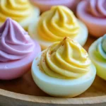 Colorful Easter deviled eggs with creamy, swirled fillings, naturally dyed in pastel pink, yellow, and blue, arranged on a rustic wooden platter.