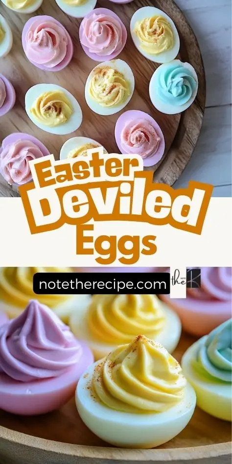 A visually appealing Easter Deviled Eggs Pinterest pin featuring pastel-colored deviled eggs, piped with a creamy yolk filling, served on a rustic wooden board.