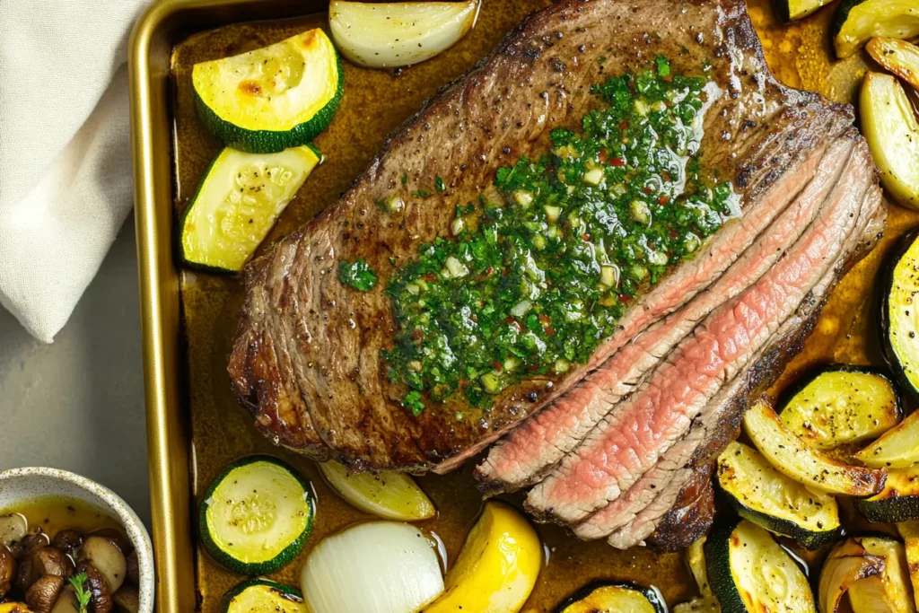Juicy flank steak cooked to perfection, topped with fresh chimichurri sauce, and served with roasted zucchini, onions, and mushrooms on a golden sheet pan. A keto-friendly, low-carb, and Whole30-approved meal.