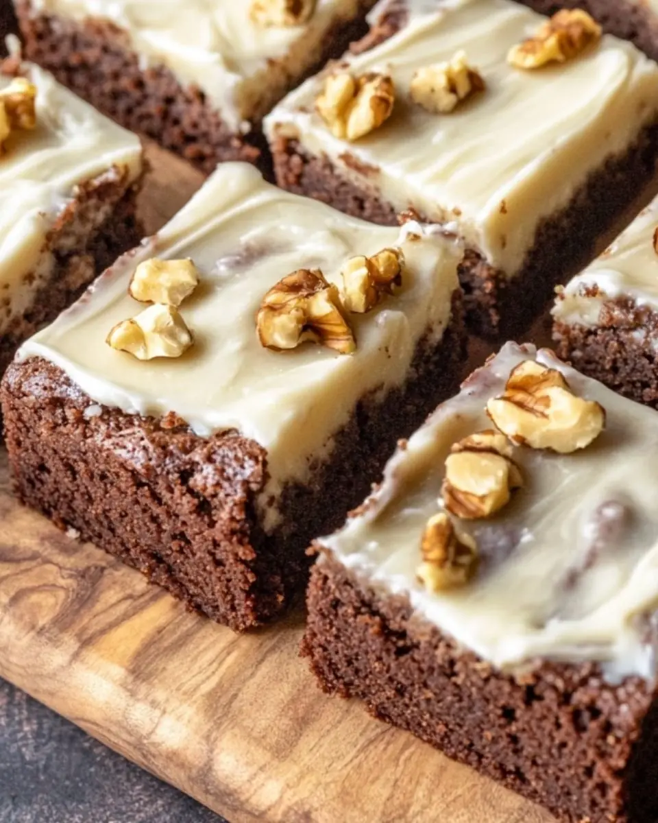 Close-up of keto banana bread brownies with creamy frosting and chopped walnuts on a wooden board
