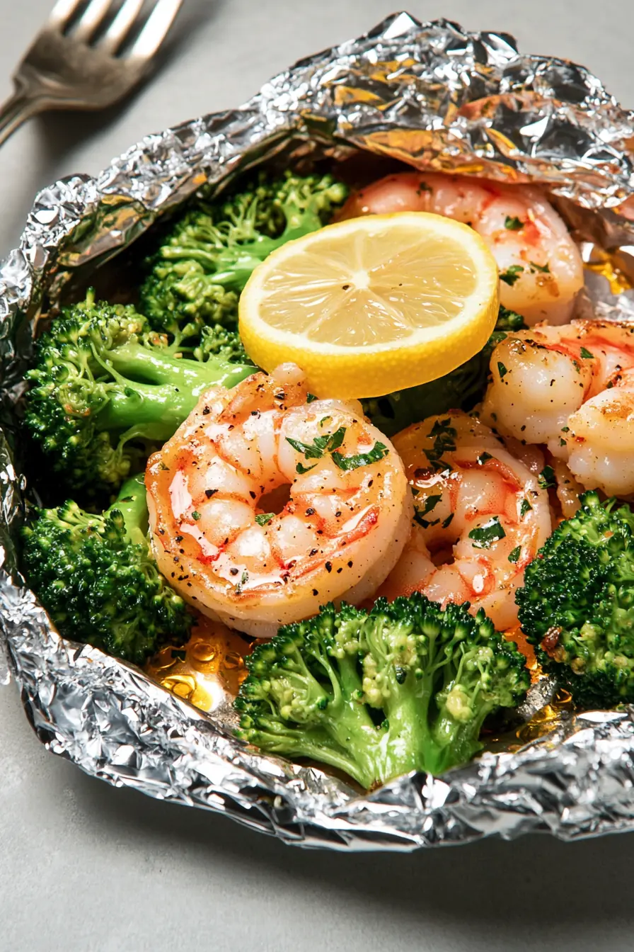 Close-up of baked shrimp and broccoli foil pack with a fresh lemon slice, seasoned with garlic, herbs, and black pepper, glistening with butter on a crinkled foil sheet.