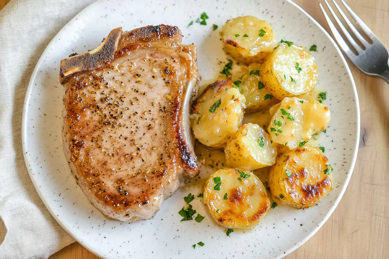 Garlic parmesan pork chop with cheesy scalloped potatoes on a plate
