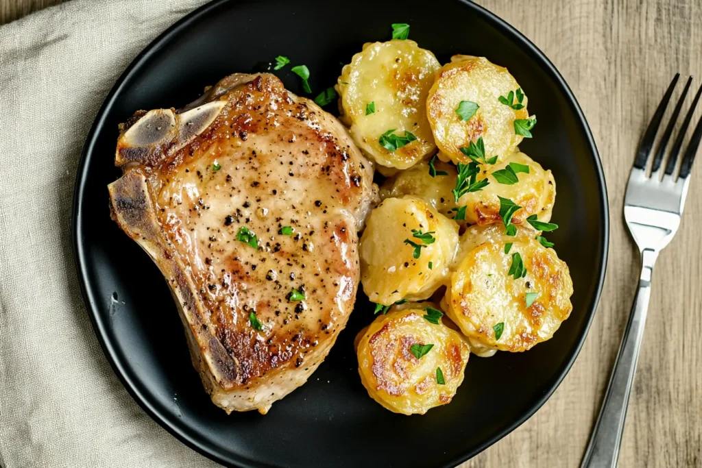 Garlic parmesan pork chop with creamy scalloped potatoes on black plate