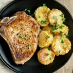 Garlic parmesan pork chop with creamy scalloped potatoes on black plate