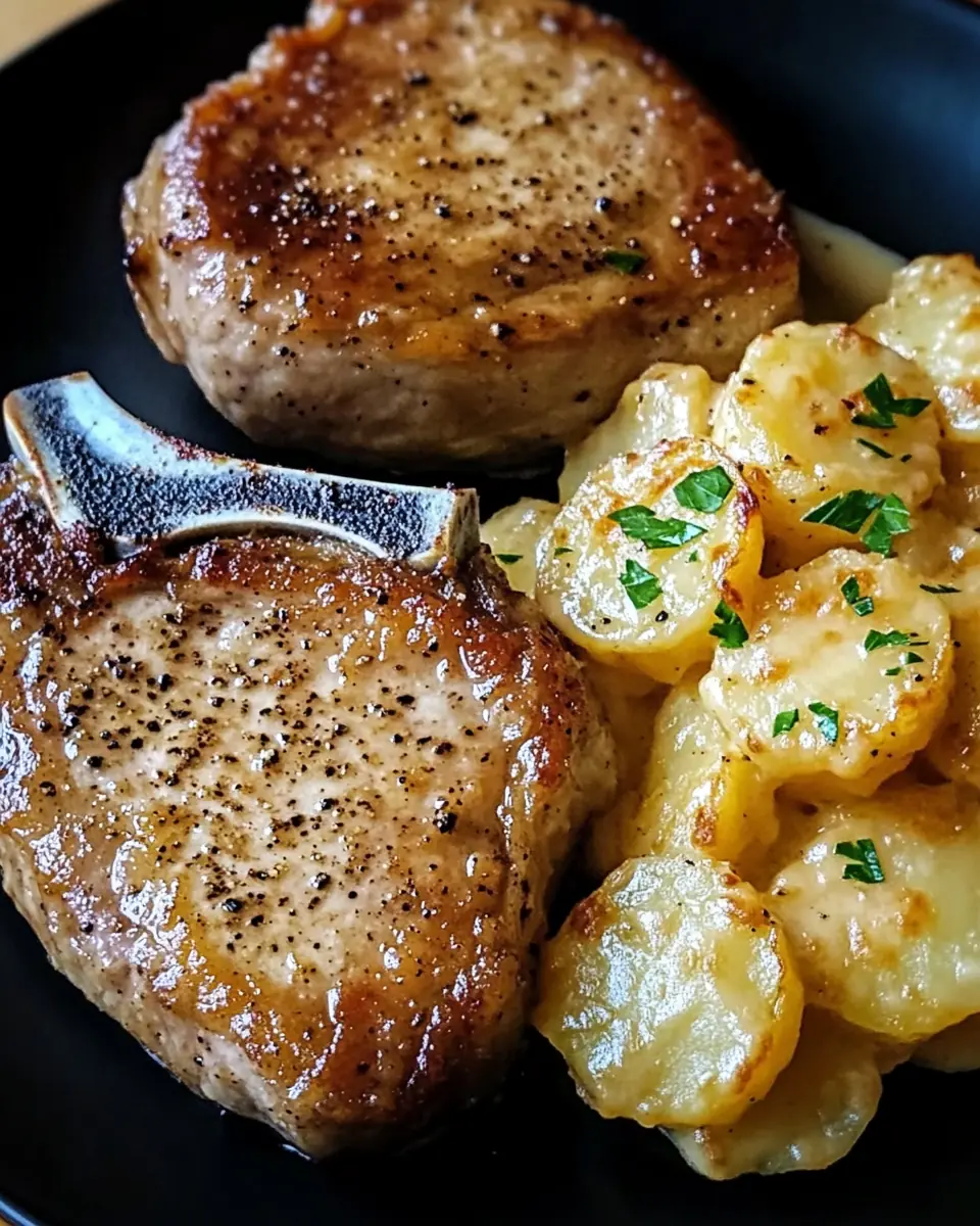 Garlic parmesan pork chops with cheesy scalloped potatoes on a black plate