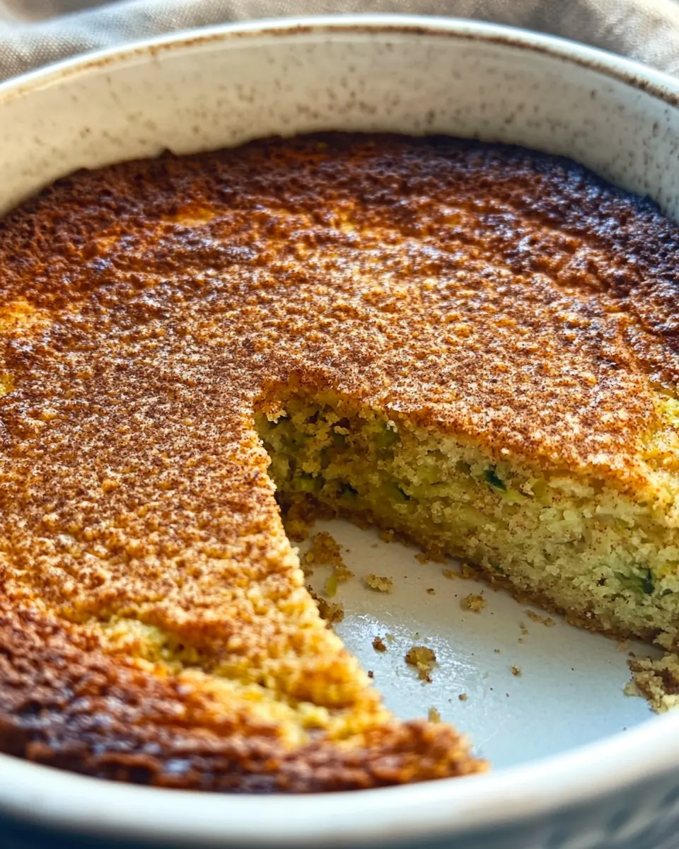 Golden Spiced Breakfast Cake – Low-Carb & Gluten-Free A freshly baked spiced breakfast cake in a rustic ceramic dish, with a golden-brown crust and a moist, tender crumb. A slice is removed, revealing zucchini flecks inside.