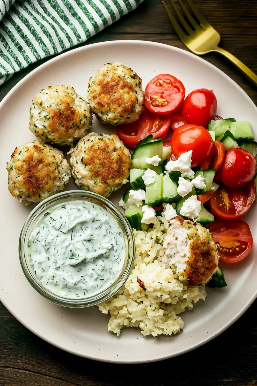 Golden-brown Greek chicken meatballs served with tzatziki sauce, cauliflower rice, and a fresh cucumber-tomato salad with crumbled feta on a beige plate with a gold fork.