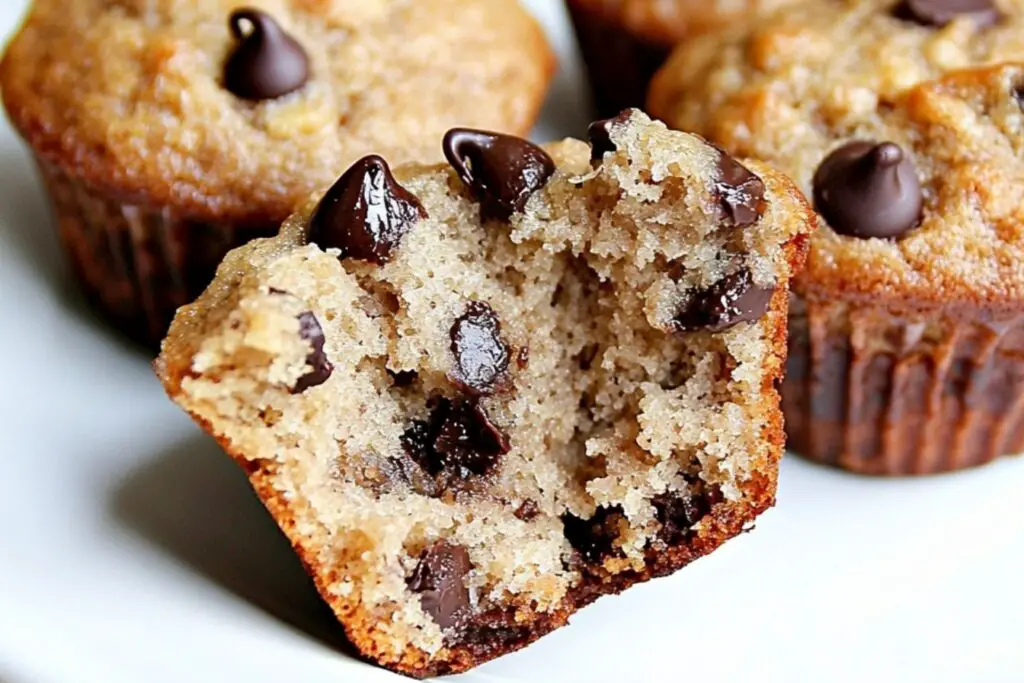 Close-up of moist Greek yogurt protein muffins with chocolate chips, freshly baked and placed on a white plate.