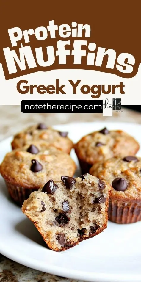 Delicious Greek yogurt protein muffins with chocolate chips on a white plate, featuring a text overlay for a healthy high-protein snack.
