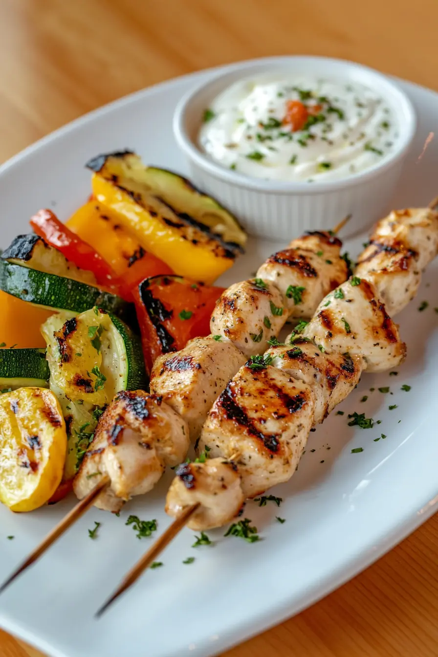 Grilled chicken skewers with colorful roasted vegetables and yogurt dip on a white plate