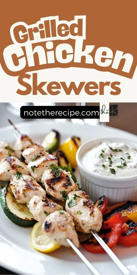 Grilled lemon garlic chicken skewers with roasted vegetables and herb yogurt dip on a Pinterest recipe image