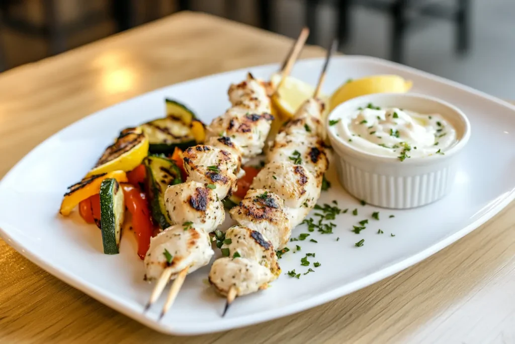 Grilled lemon herb chicken skewers with grilled vegetables and garlic yogurt dip on a white plate