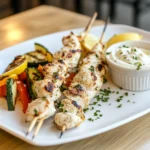 Grilled lemon herb chicken skewers with grilled vegetables and garlic yogurt dip on a white plate