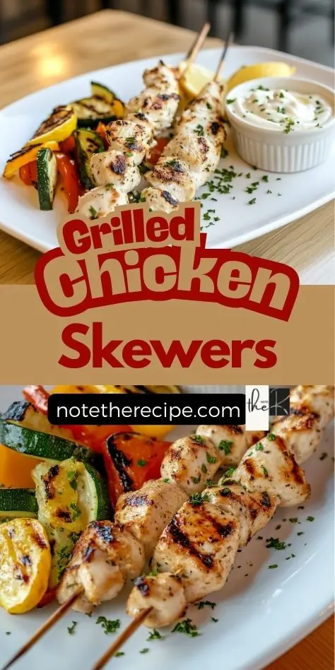 Grilled lemon herb chicken skewers Pinterest image with roasted vegetables and dipping sauce