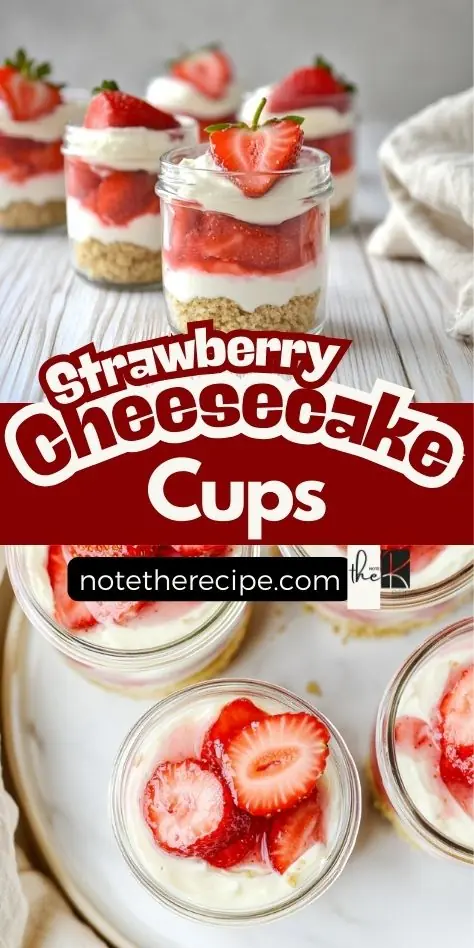 Pinterest pin with keto strawberry cheesecake cups in glass jars, layered with almond flour crust, sugar-free cream cheese filling, and fresh strawberries.