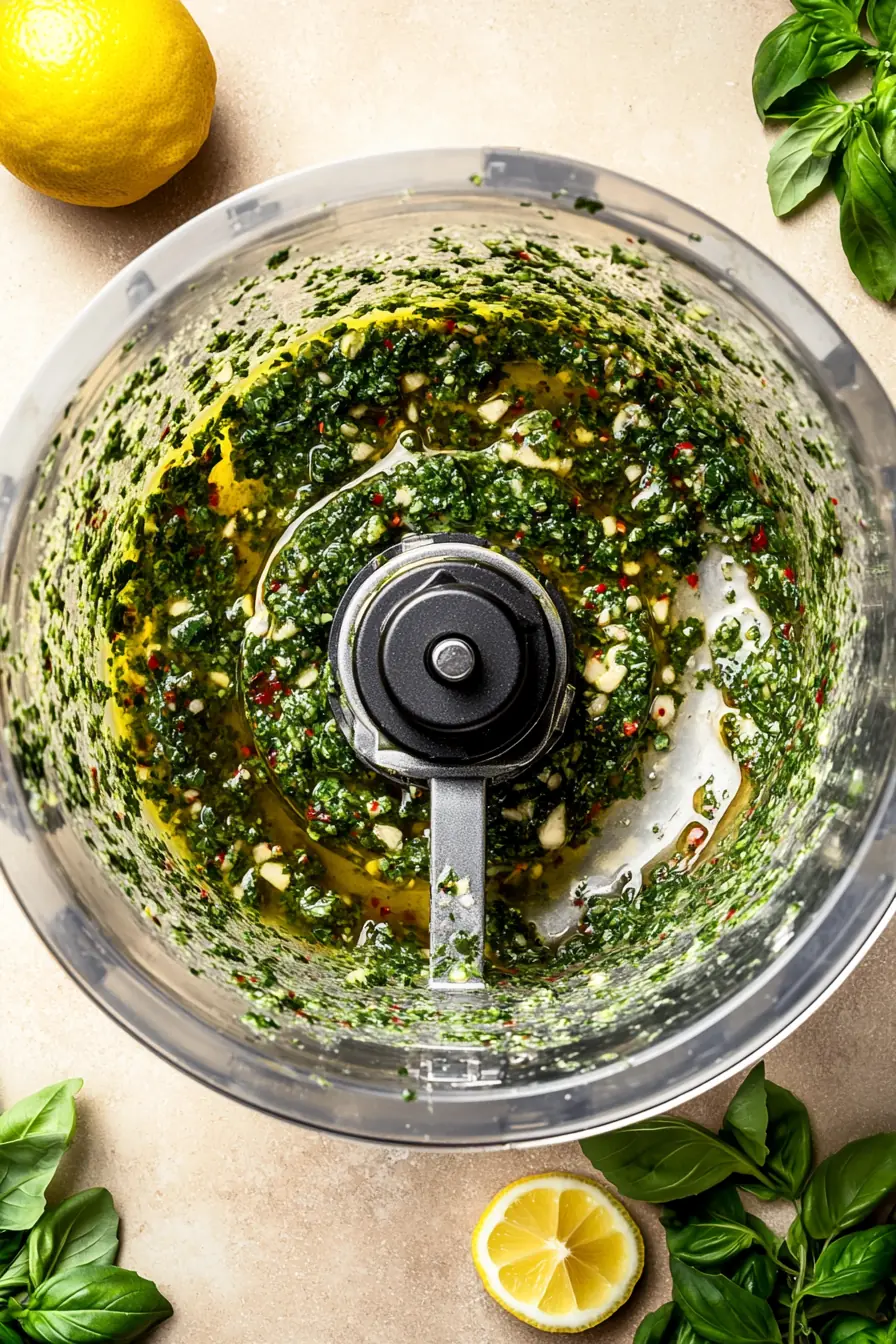 Fresh homemade chimichurri sauce in a food processor, made with finely chopped parsley, garlic, red pepper flakes, and extra virgin olive oil. A vibrant keto-friendly and low-carb condiment for steak and grilled meats.