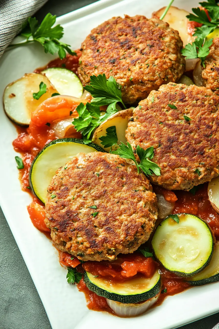 Golden turkey patties with zucchini, tomatoes, and potatoes on a white plate, garnished with fresh parsley for a vibrant Mediterranean meal.