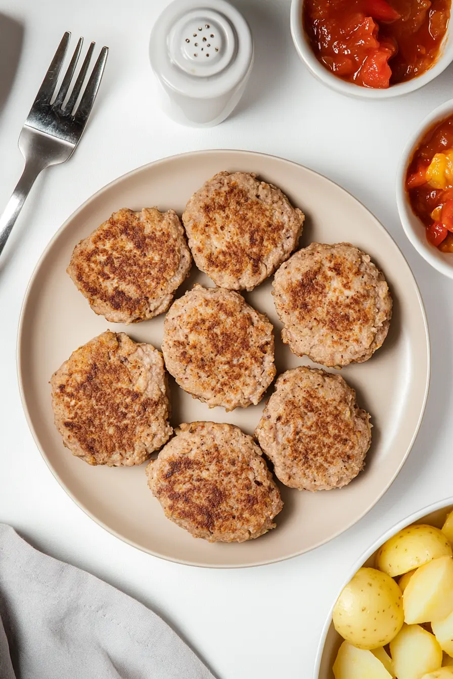 Golden-browned summer turkey patties on a plate, served with Mediterranean-style vegetables and potatoes.