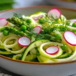 Close-up of a fresh asparagus pasta salad with zucchini noodles, crisp asparagus, radishes, and peas, garnished with dill, served in a ceramic bowl.