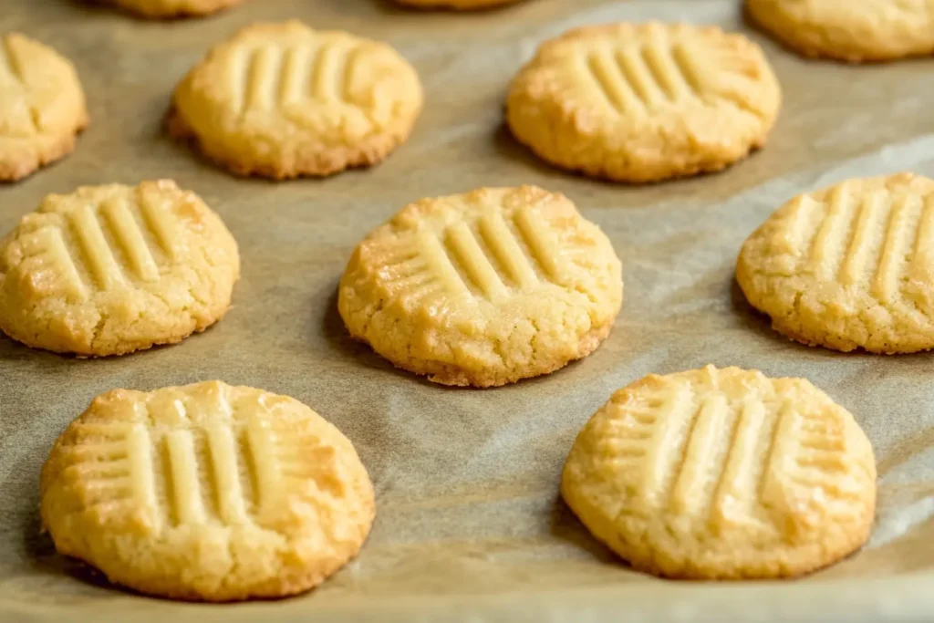 Freshly baked keto butter cookies with a golden-brown color, crisp edges, and a soft center, arranged on a parchment-lined baking sheet.