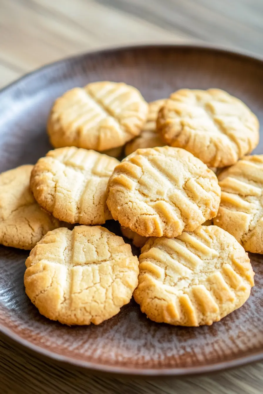 A plate of golden-brown keto butter cookies, freshly baked with a crisp edge, soft center, and a signature fork-pressed pattern, arranged on a rustic wooden plate.